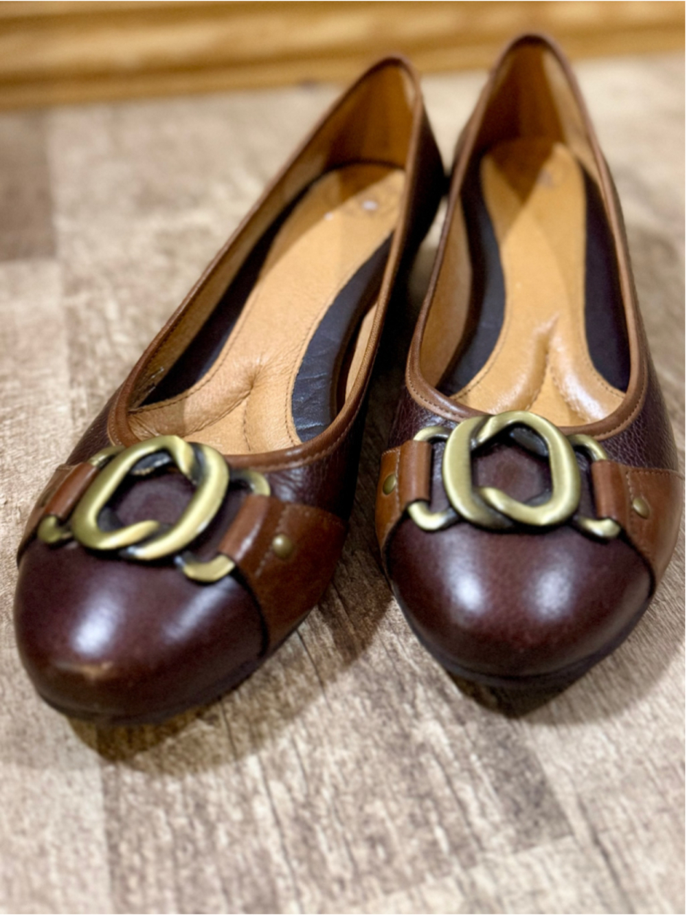 Vintage Brown Leather Low Wedge Pumps Brass Buckle Hardware Slip On Loafers